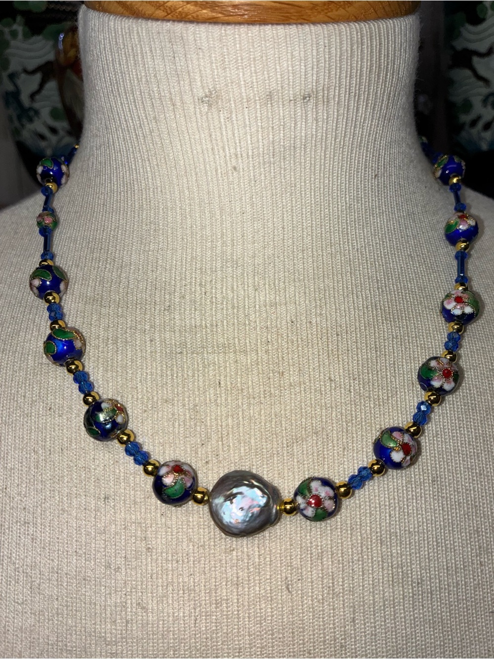 Blue Cloisonné Bead Necklace with Pearl Accent